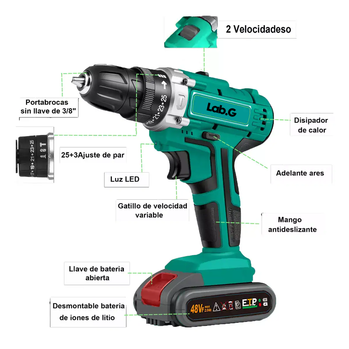 Foto 4 pulgar | Rotomartillo Electroneumático Lab.g T66 Inalámbrico Verde Oscuro Con 156w De Potencia 100v/240v