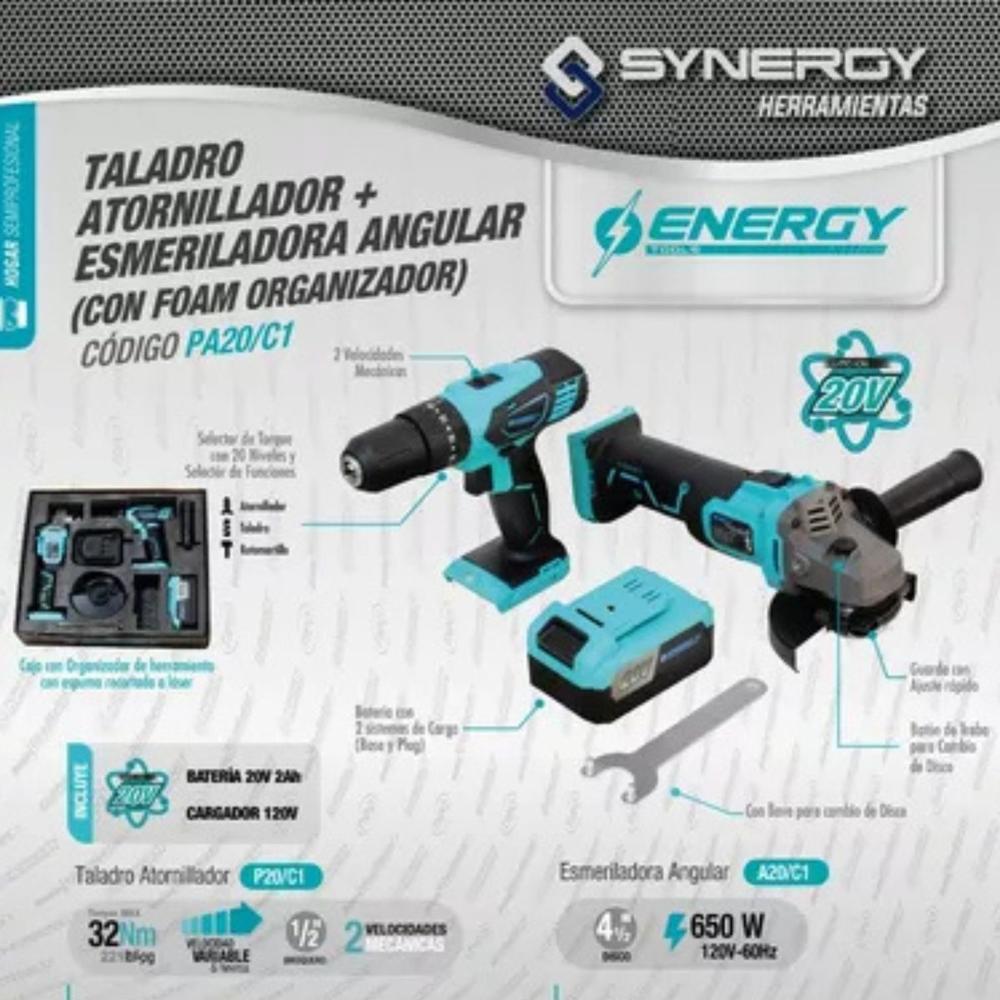 Foto 7 pulgar | Kit Taladro Energy + Esmeril Pa20c1 3/8' 4-1/2' 20v 1300 Rpm
