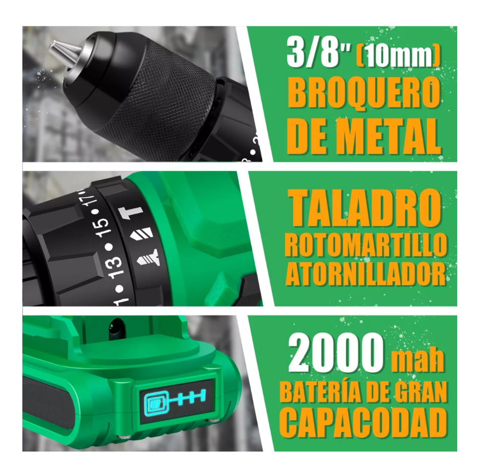 Foto 3 pulgar | Taladro Rotomartillo Sin Carbones Inalámbrico 20v 2baterías Verde Belug