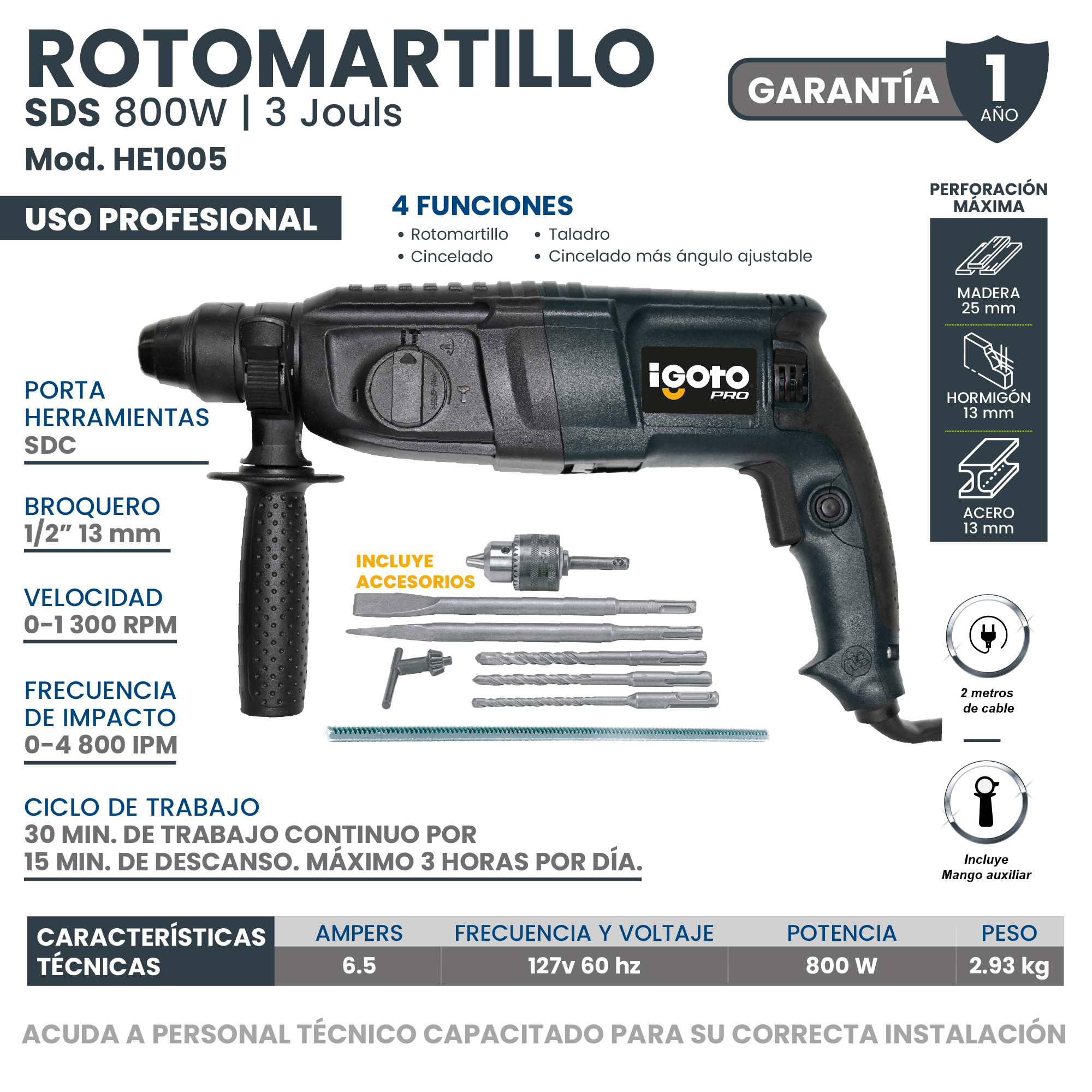 Foto 8 pulgar | Rotomartillo Sds 800 W 4 Funciones