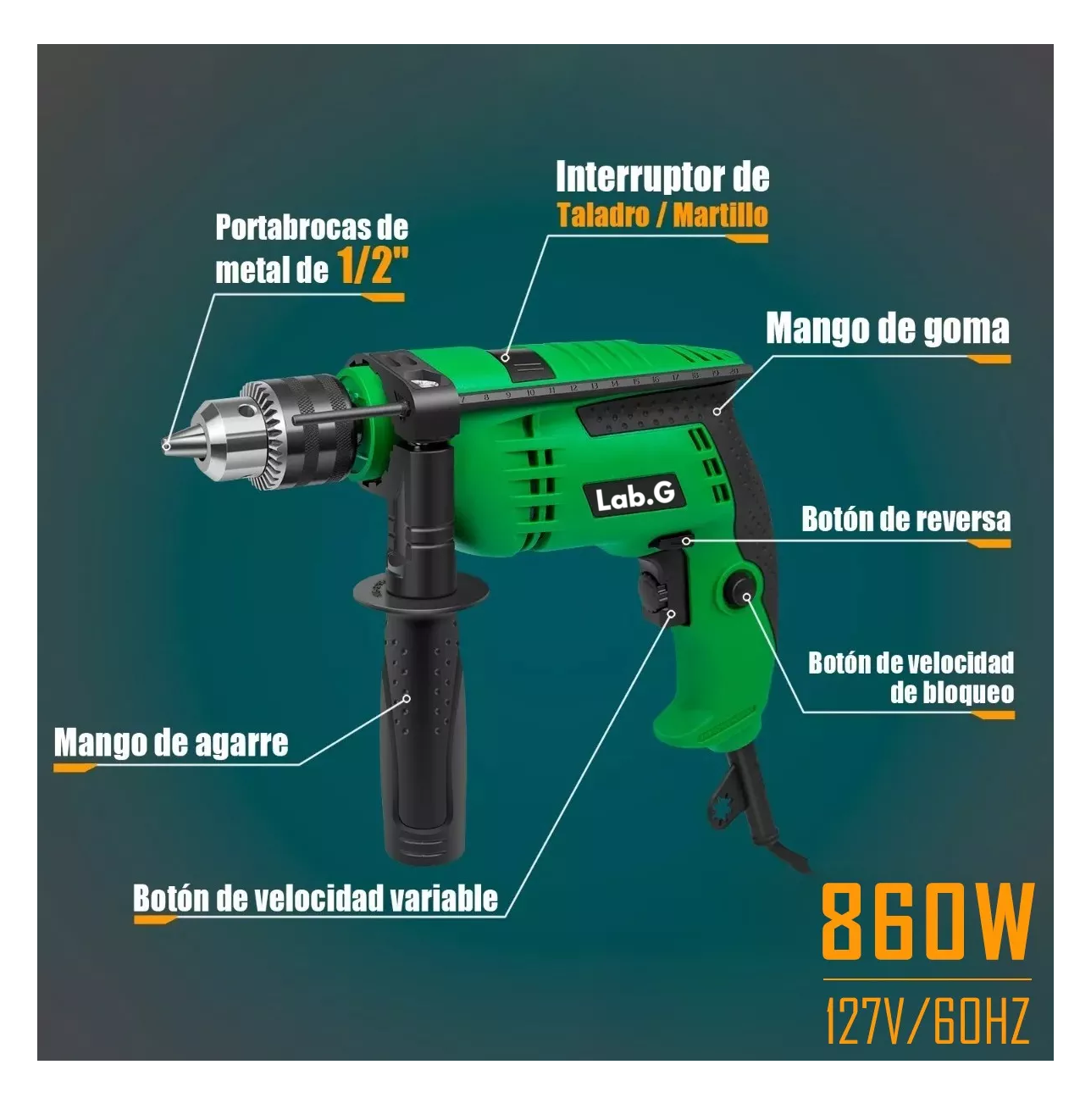 Foto 3 pulgar | Taladro Rotomartillo 1/2'' 860w Herramientas Kit Con Brocas, Verde