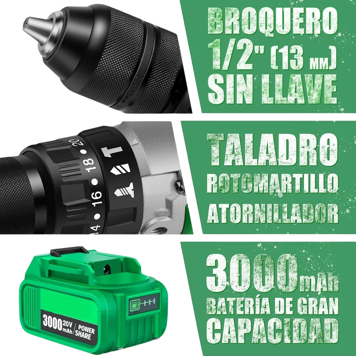 Foto 4 pulgar | Taladro Rotomartillo Lab.g 1/2'' Con 3.0ah Batería Color Verde