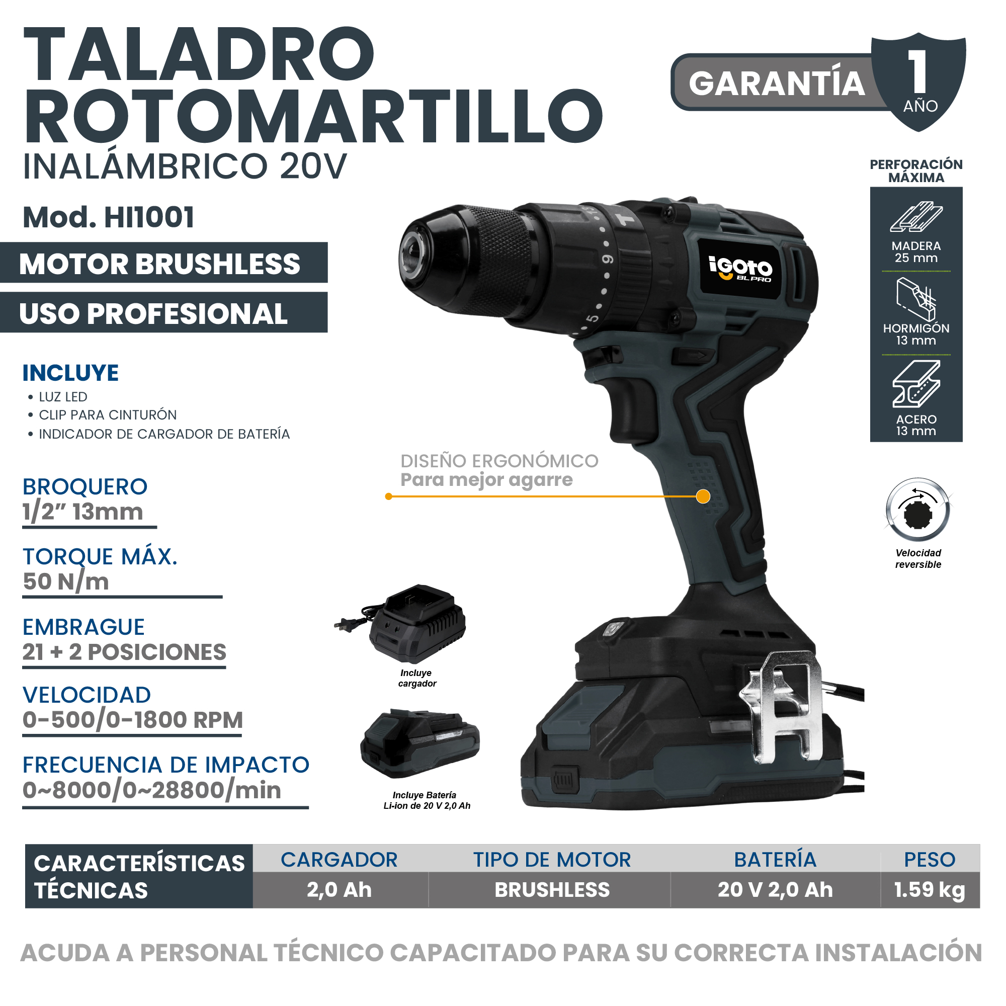 Foto 8 pulgar | Taladro Rotomartillo Brushless 20 V Inalámbrico Igoto Pro