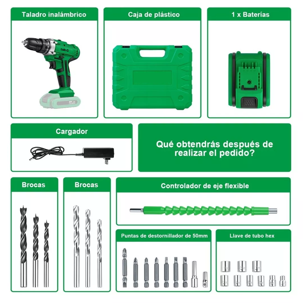 Foto 4 pulgar | Taladro Atornillador Lab.g Aa2015-30 De 20v 1 Batería Color Verde
