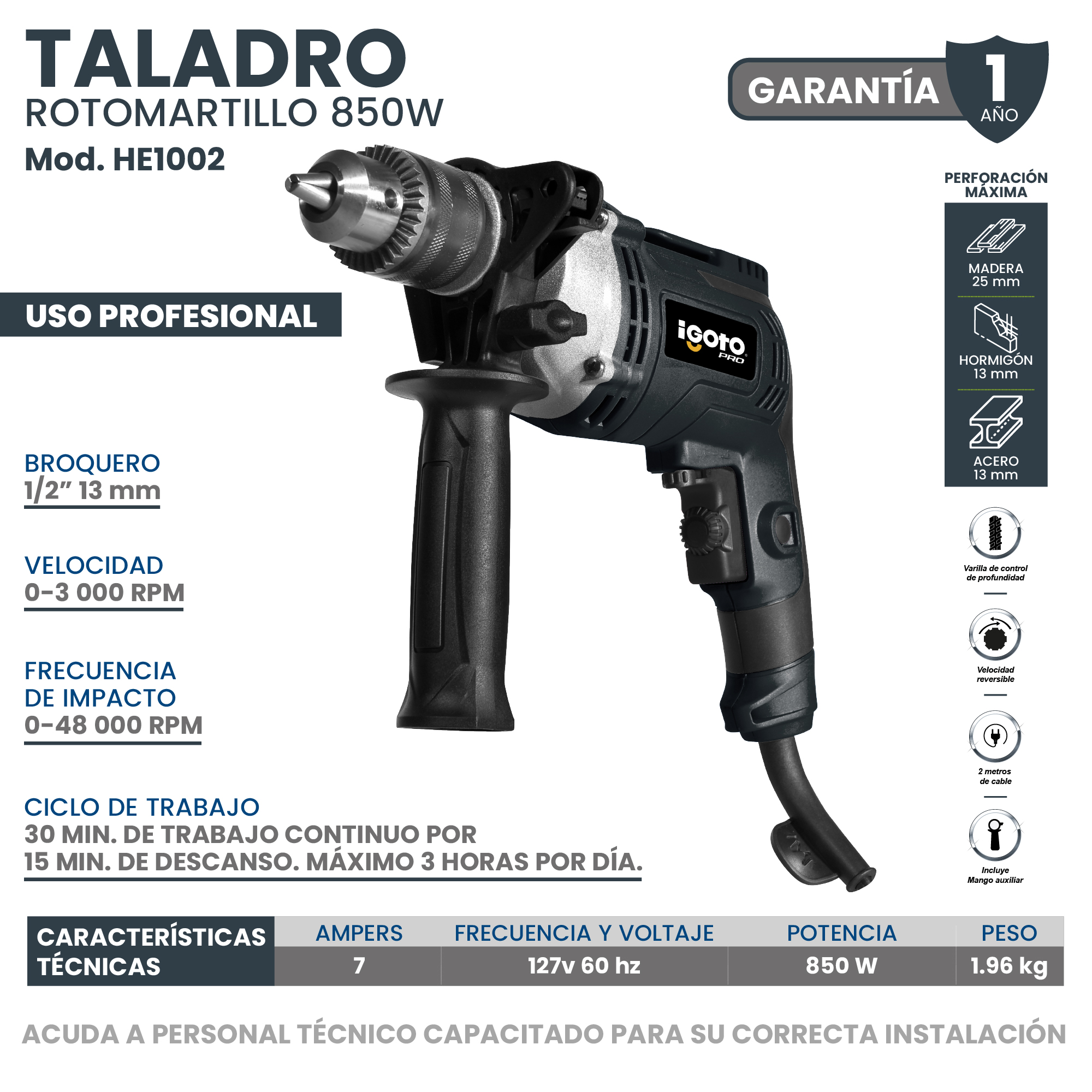 Foto 8 pulgar | Taladro Rotomartillo Igoto 850 W
