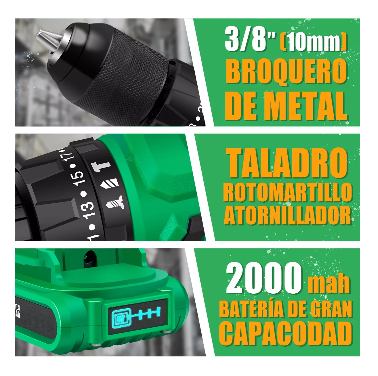 Foto 3 pulgar | Taladro Rotomartillo Sin Carbones Inalámbrico 20v Con 2 Baterías Verde