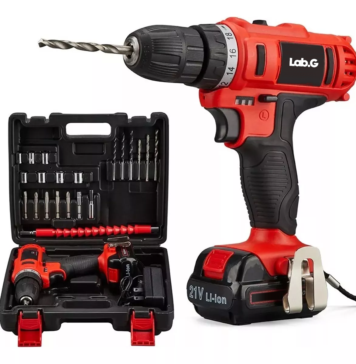 Taladro Atornillador Inalámbrico Lab.g Con Accesorios 60hz Negro Con Rojo