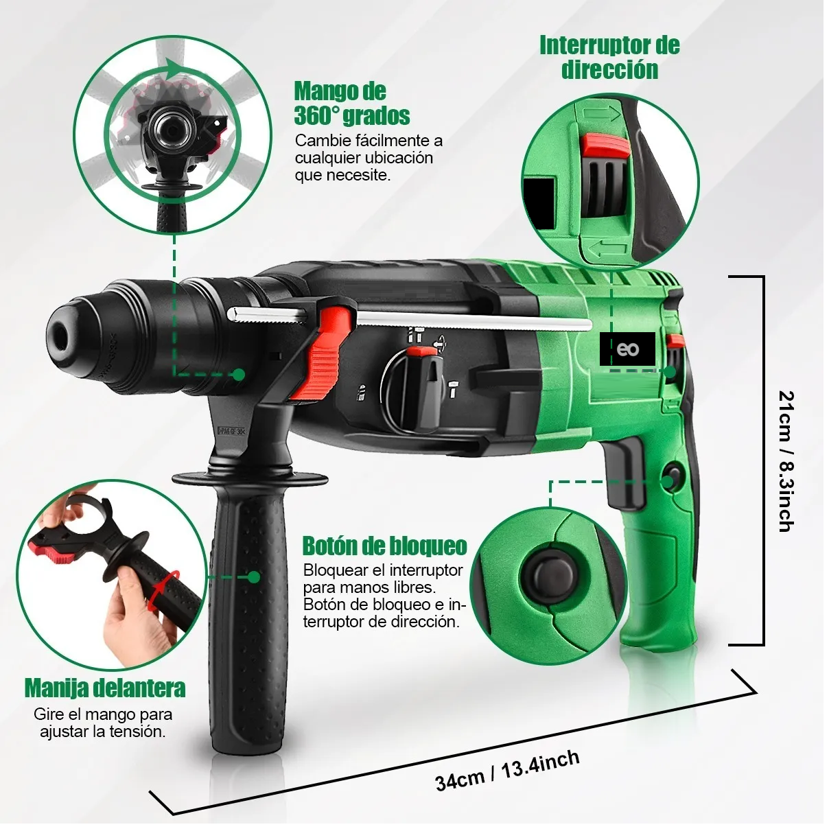 Foto 3 | Rotomartillo Cincelador Perforador 1050w Eo Safe Imports ESI-2749-1 Verde