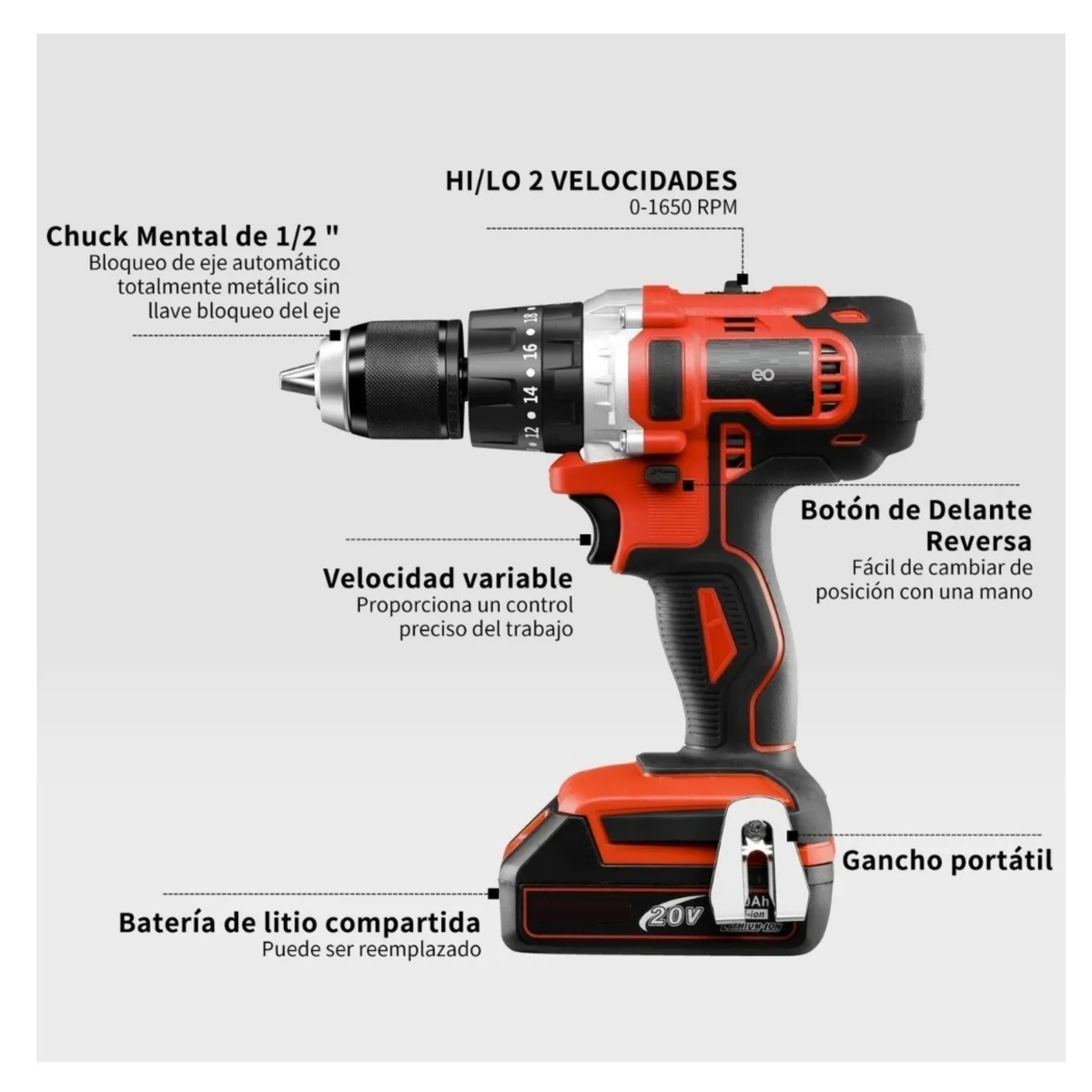 Foto 4 pulgar | Taladro Percutor Inalámbrico de 13mm 916 20v 60hz Eo Safe Imports Esi-2818 Rojo