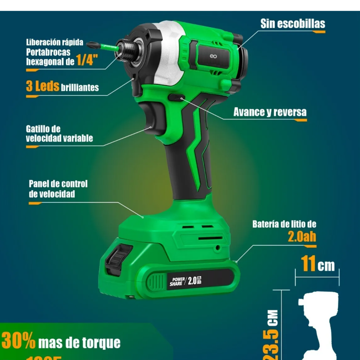 Foto 3 pulgar | Atornillador de Impacto Inalámbrico 20 V 2Ah ESI-2816-1 Verde