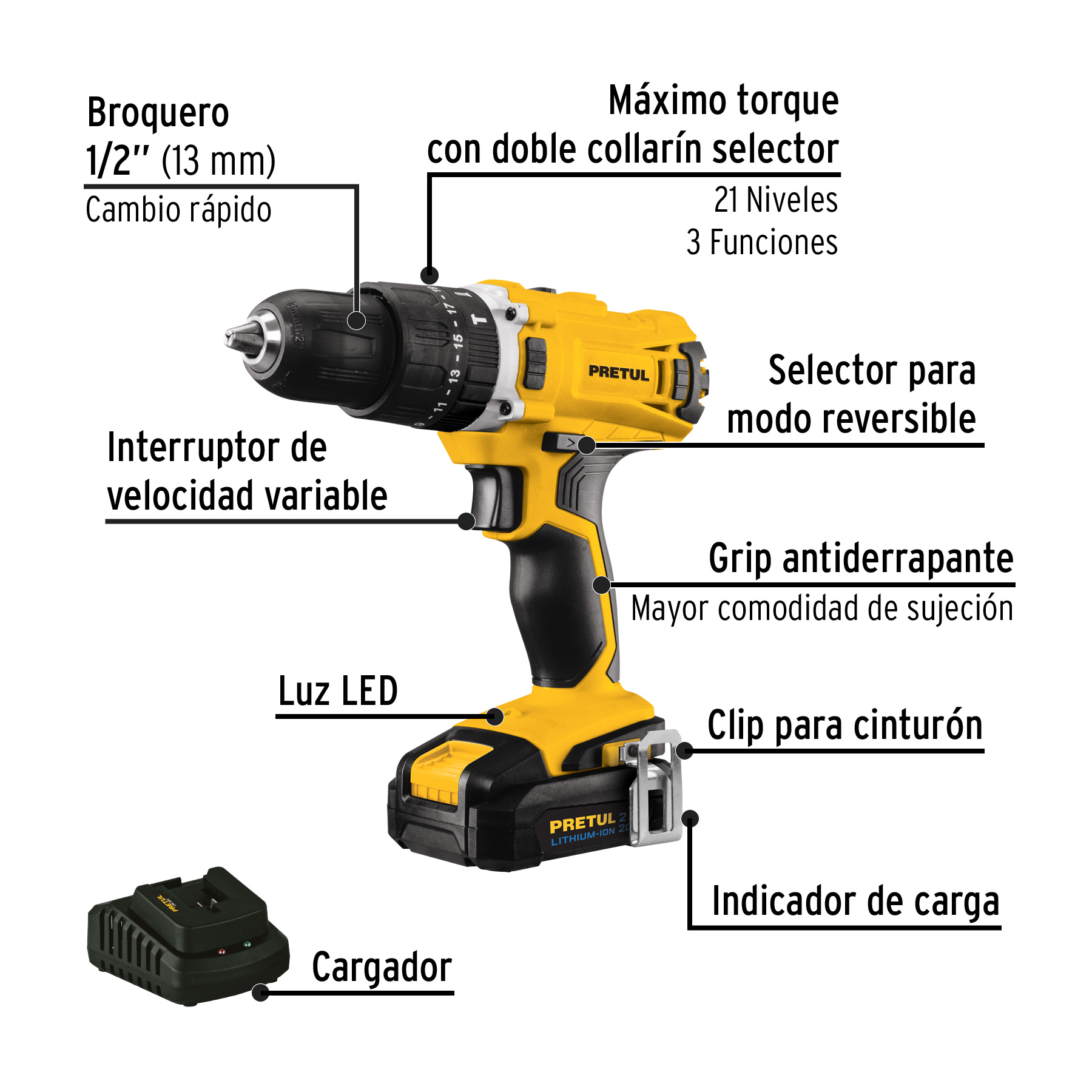 Foto 3 pulgar | Combo Rotomartillo Destornillador Impacto Pretul Combo20p Amarillo 20v