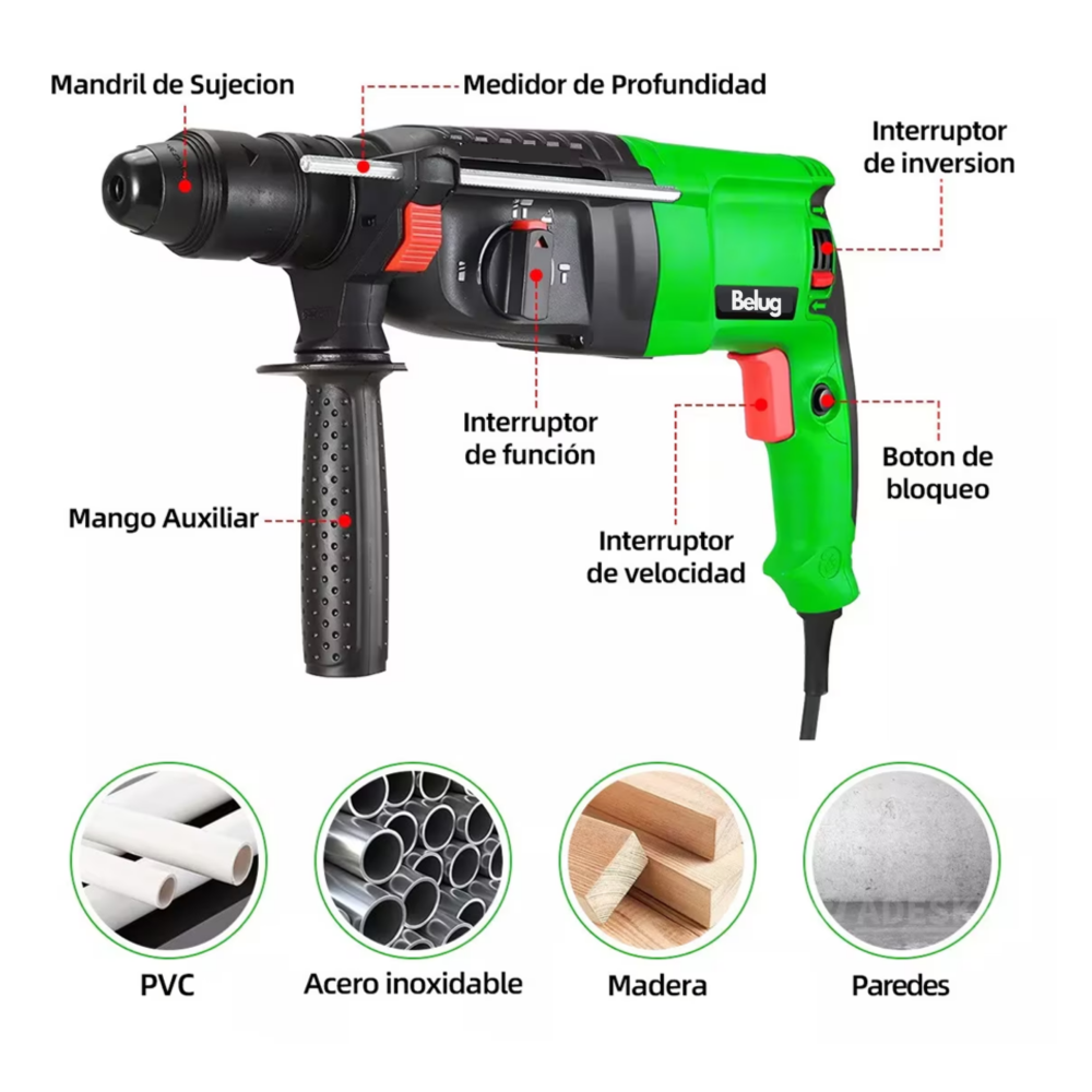 Foto 4 pulgar | Rotomartillo Cincelador Eléctrica Belug Verde SDS Kit