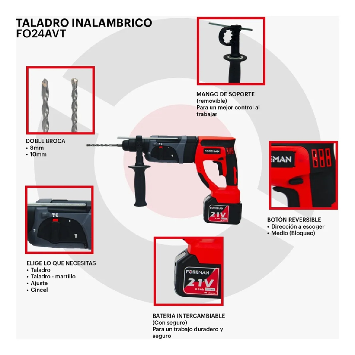 Foto 3 pulgar | Taladro Rotomartillo Inalámbrico 2 Baterías 21 V Uso Rudo