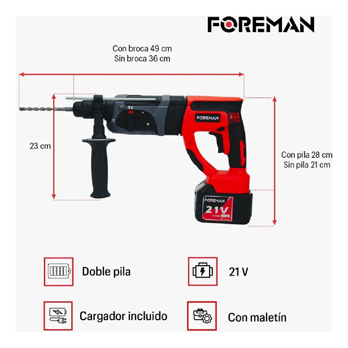 Foto 4 pulgar | Taladro Rotomartillo Inalámbrico 2 Baterías 21 V Uso Rudo