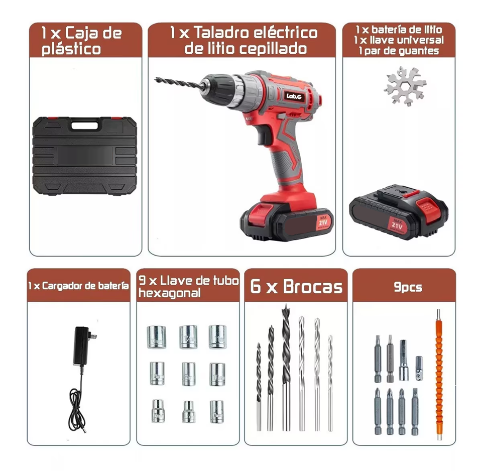 Foto 6 pulgar | Kit Taladro Eléctrico Atornillador Lab.g Inalámbrico Rojo 21 V