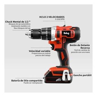 Foto 3 | Taladro Percutor Inalámbrico De 13mm Belug, Negro Con Rojo