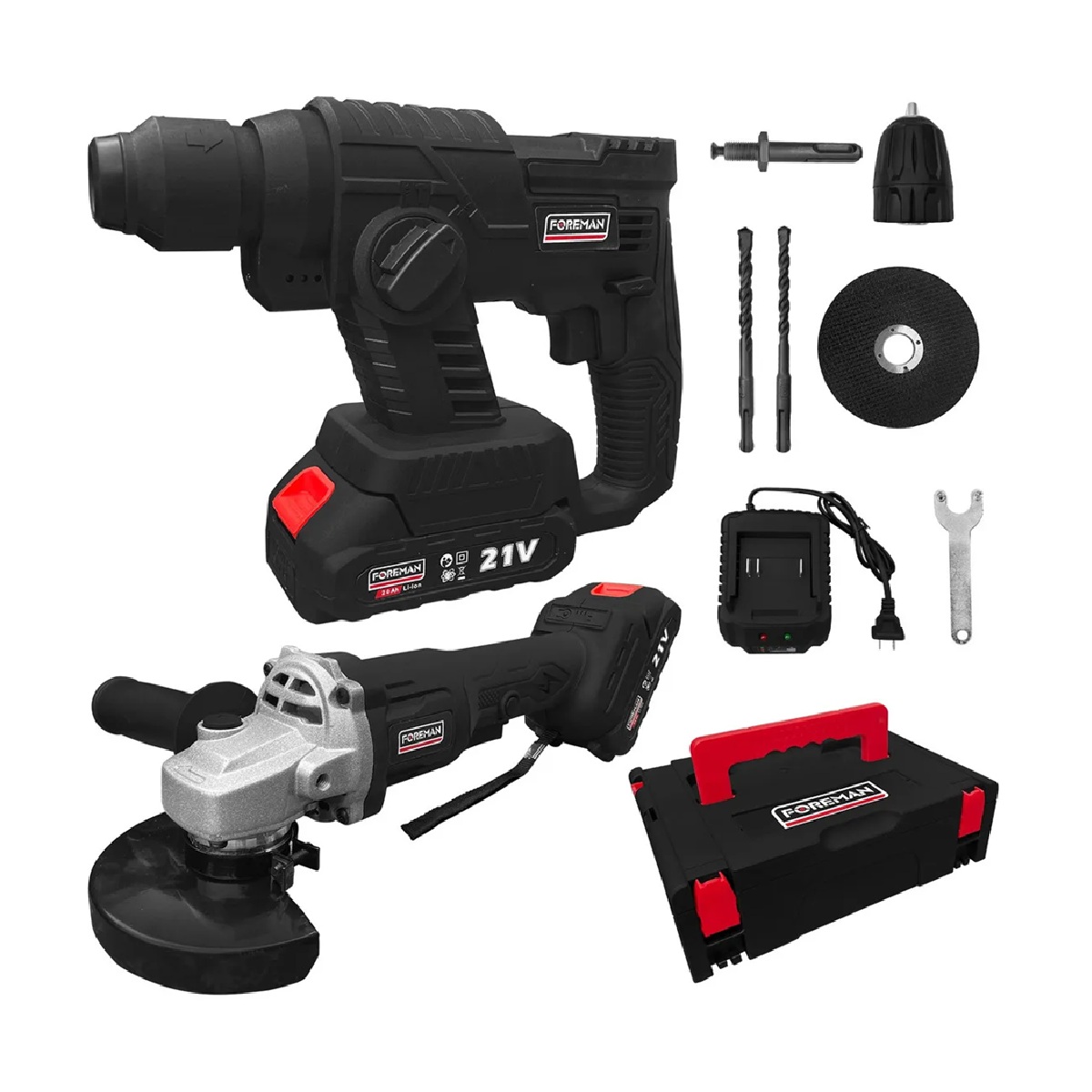 Kit Rotomartillo y Esmeriladora Angular Inalámbrica Foreman 21v