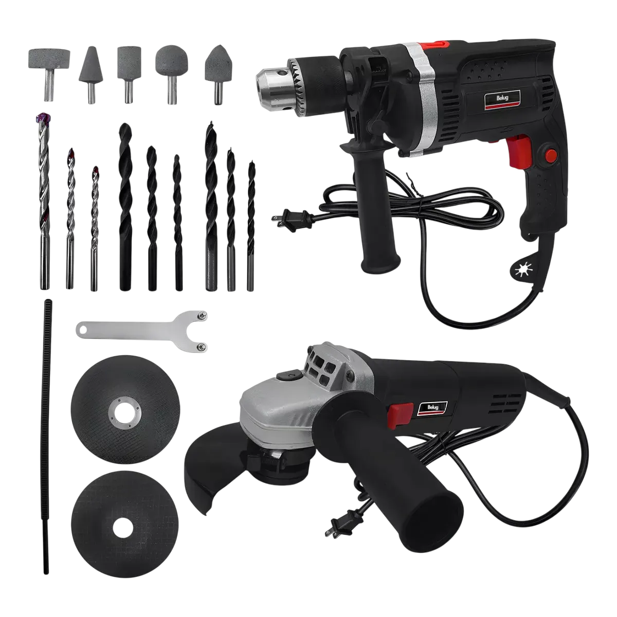 Kit Taladro Belug 800w Y Esmeriladora Angular 880w Con Accesorios Negro