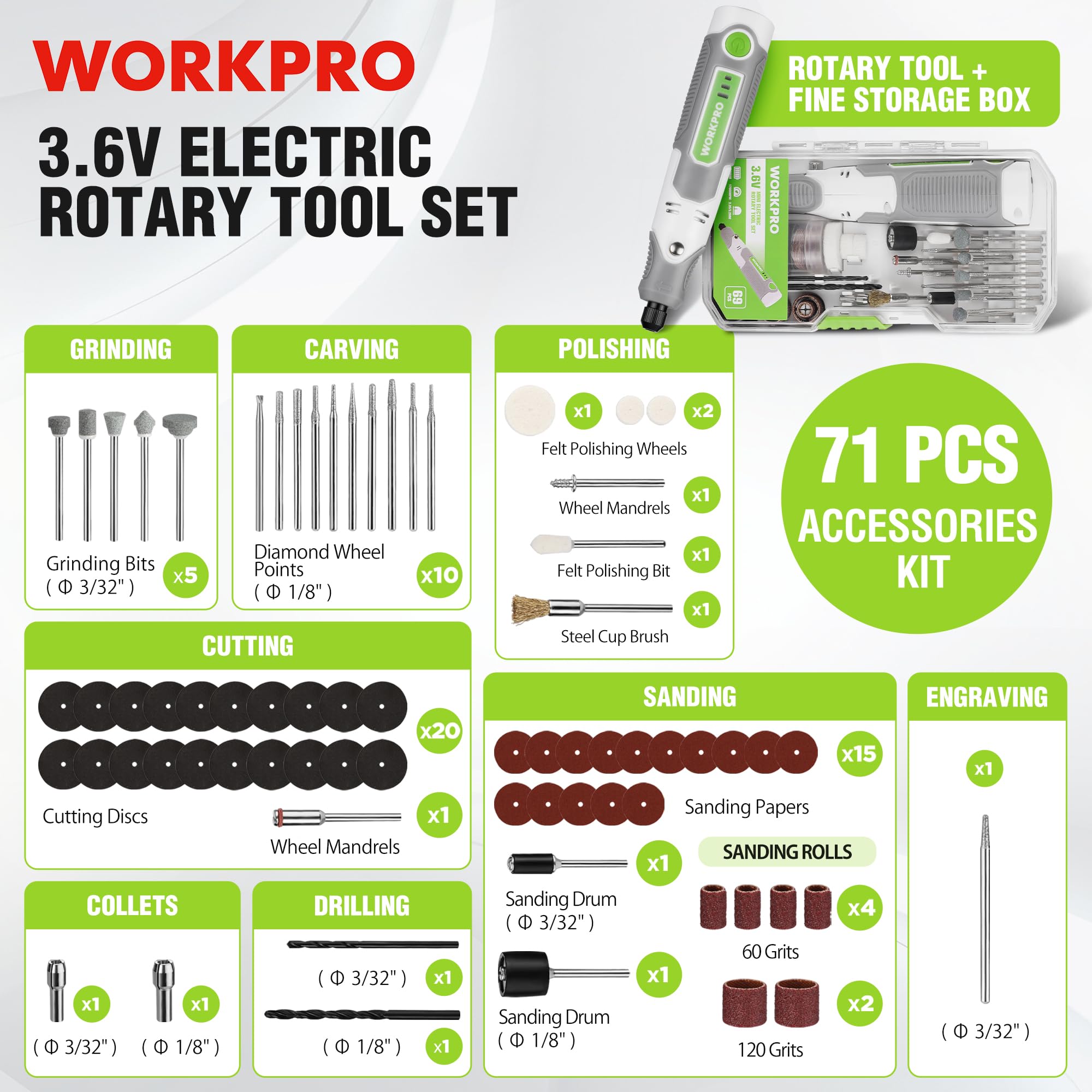 Foto 3 pulgar | Kit De Herramientas Rotativas Workpro 3,6 V 71 Piezas Con 3 Velocidades Variables - Venta Internacional.