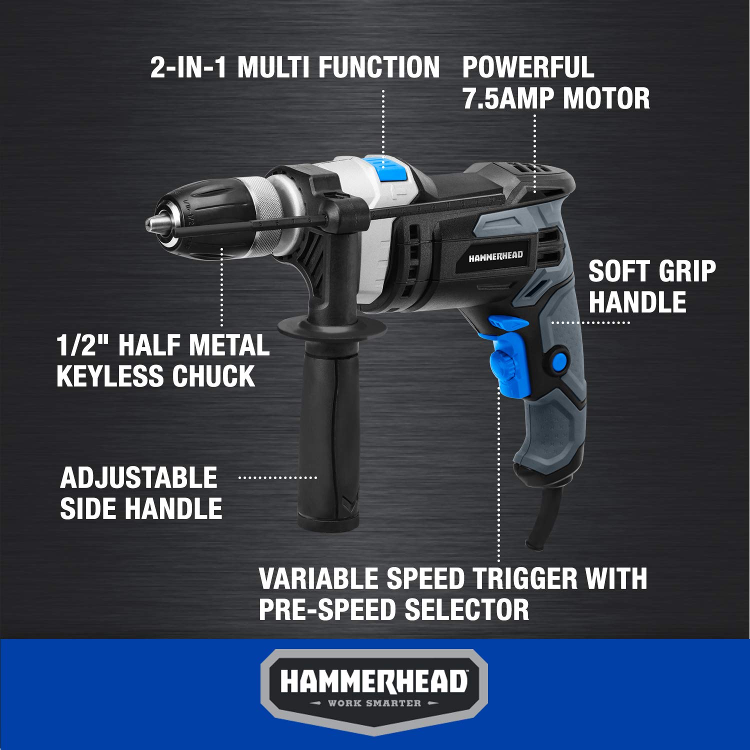 Foto 4 pulgar | Taladro Percutor Hammerhead Hahd075 De 7.5 Amperios Y 1/2 Pulgadas Con 6 Brocas - Venta Internacional.