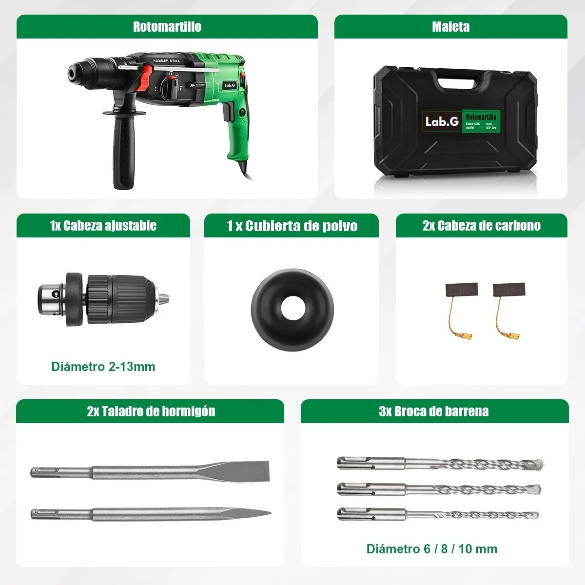 Foto 4 pulgar | Rotomartillo Concelador Martillos Demoledor 1050w Lab.g Verde