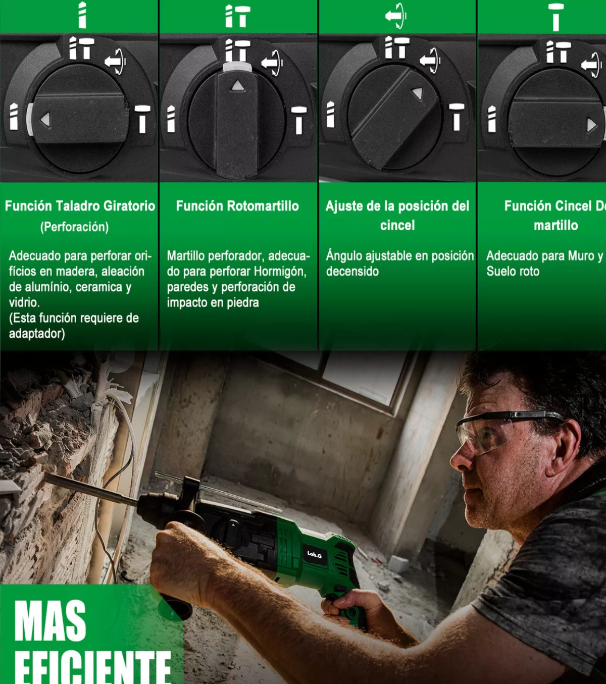 Foto 4 pulgar | Rotomartillo Perforador Cincelador Sds 850w Anirona Rh2600 Verde