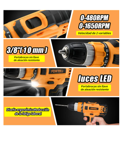 Foto 4 pulgar | Kit Taladro Inalámbrico Destornillador Herramientas Electricas Atornillador Deimpacto 40nm Color Naranja Powtools Cd01p