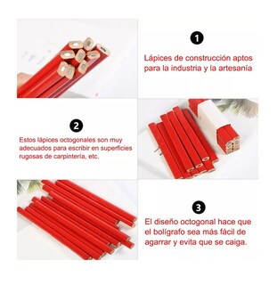 Foto 4 | Lápices Octogonal Rojo Duro Negro Plomo Carpintero 72 Piezas
