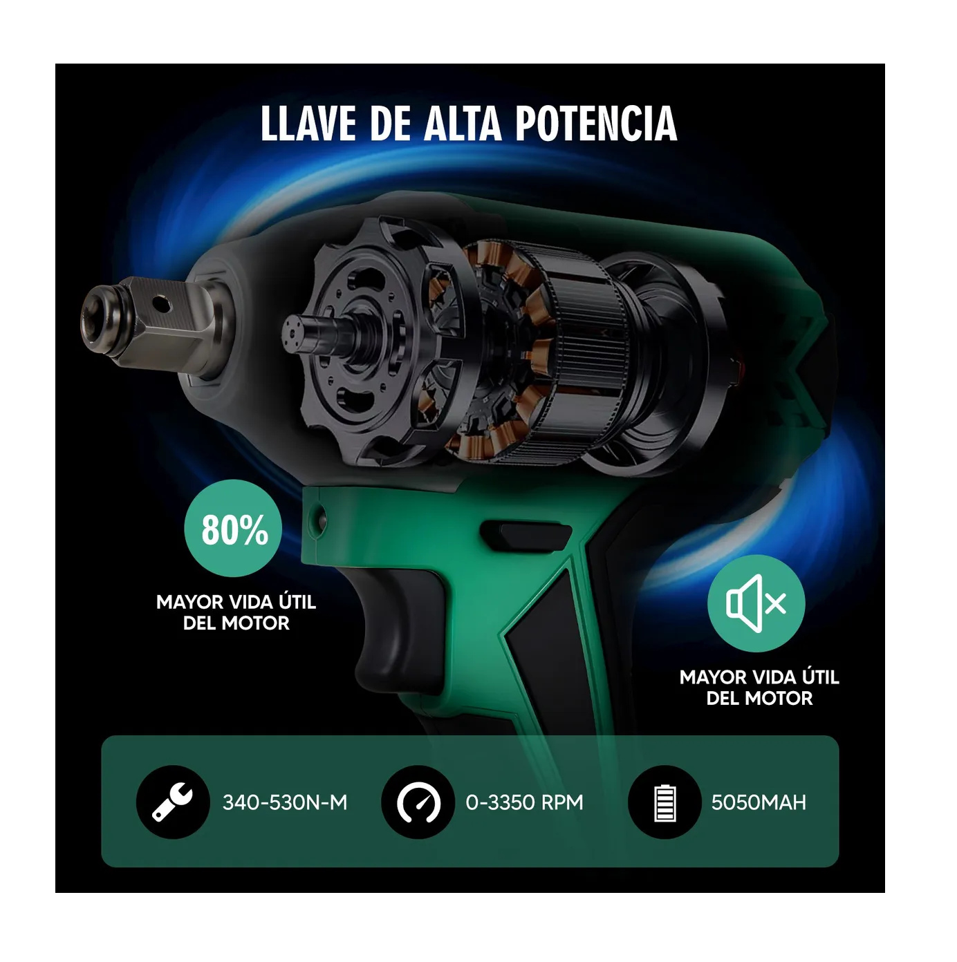 Foto 3 | Pistola De Impacto Inalámbrica Belug Llave Eléctrica Taladro 2pila Verde