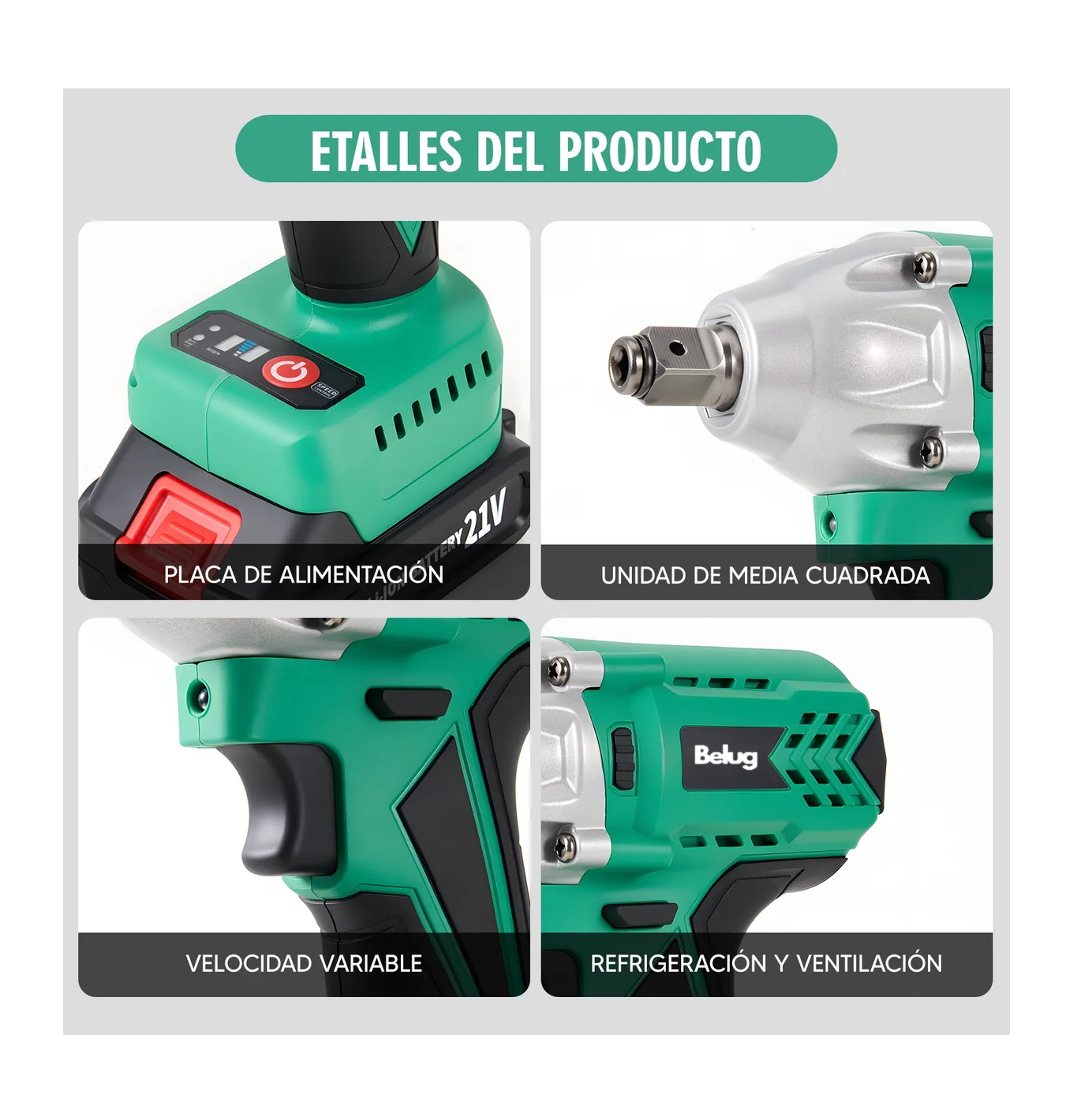 Foto 6 pulgar | Pistola De Impacto Inalámbrica Belug Llave Eléctrica Taladro 2pila Verde