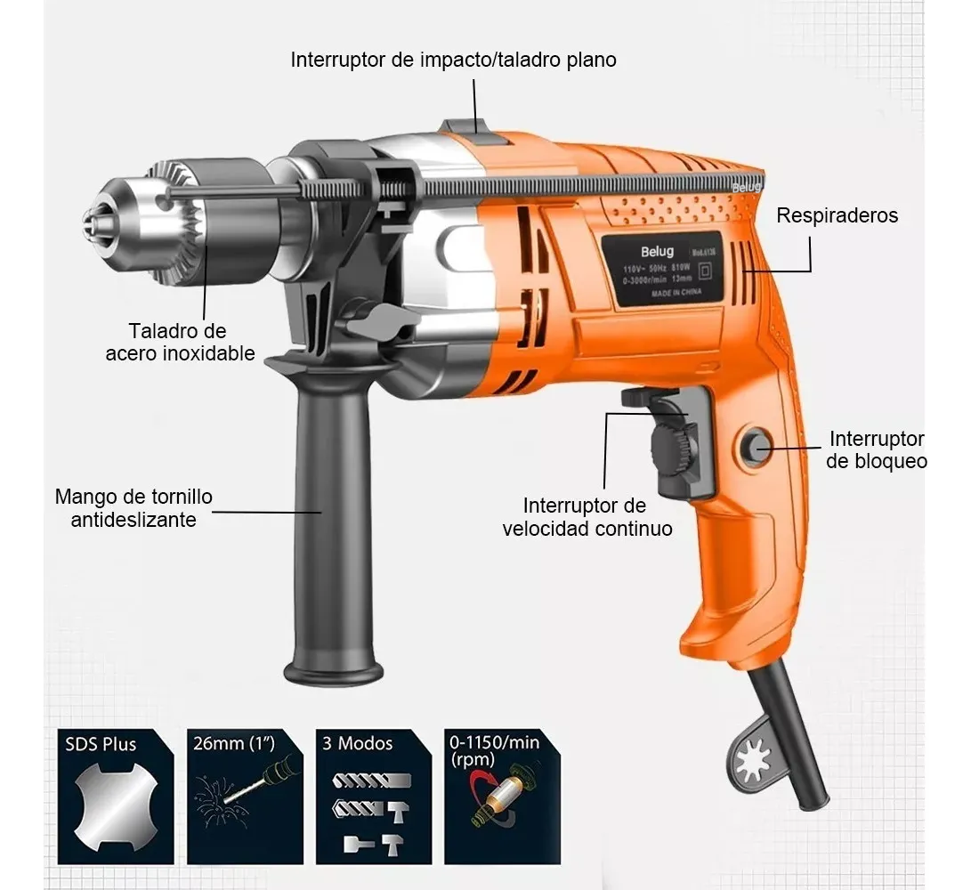 Foto 2 | Taladro Atornillador Eléctrico De 13mm 810w Herramientas  Naranja