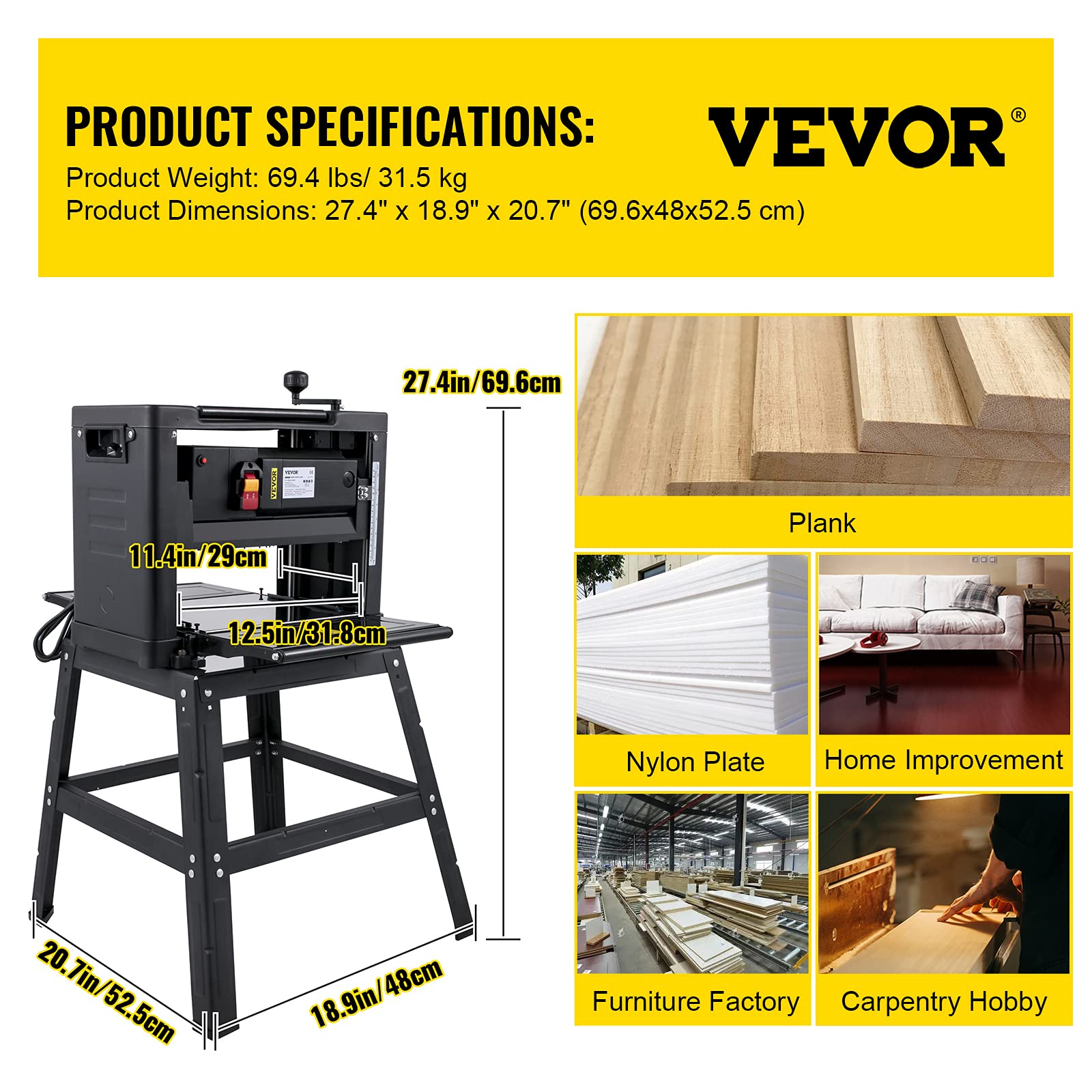 Foto 7 | Cepilladora De Grosor Vevor De 12,5 Pulgadas Y 1500 W, Plegable Con Soporte - Venta Internacional.