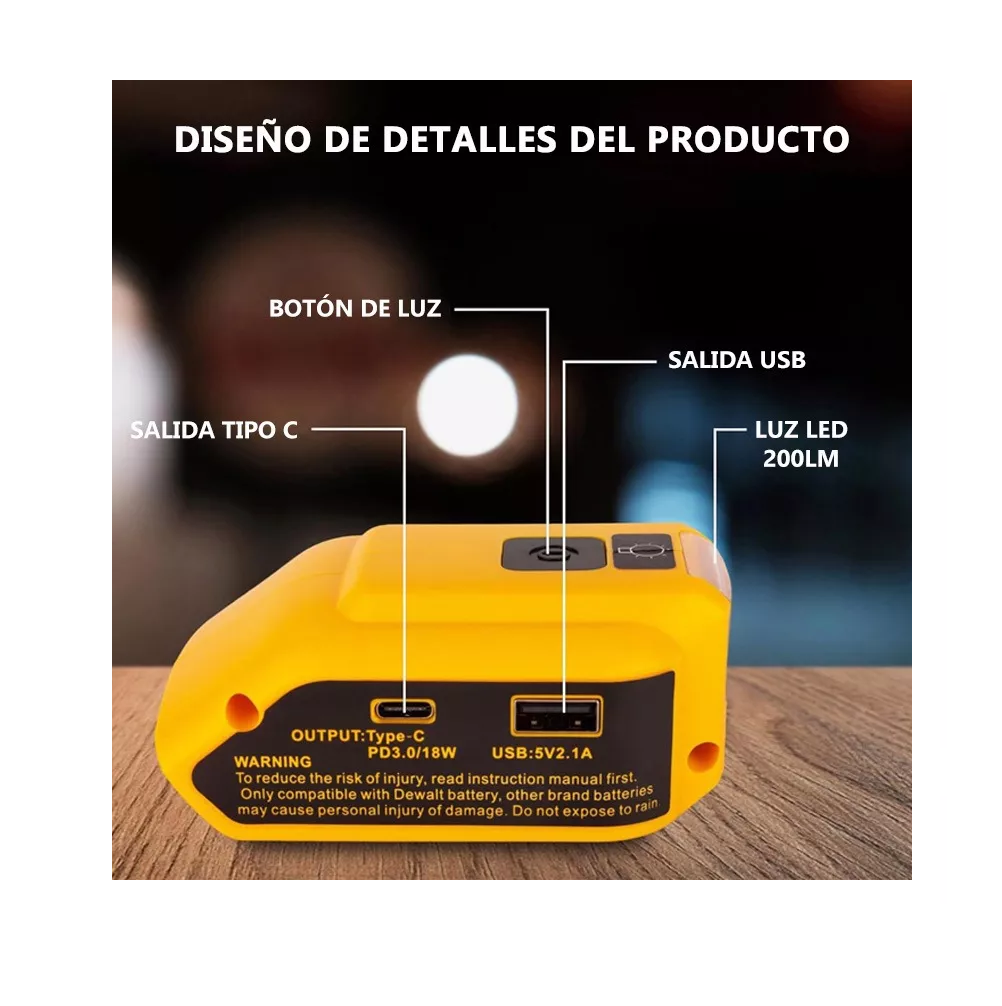 Foto 4 pulgar | Adaptador De Batería Para Dewalt De 14.4 18 20 V Con Luz Usb Amarillo