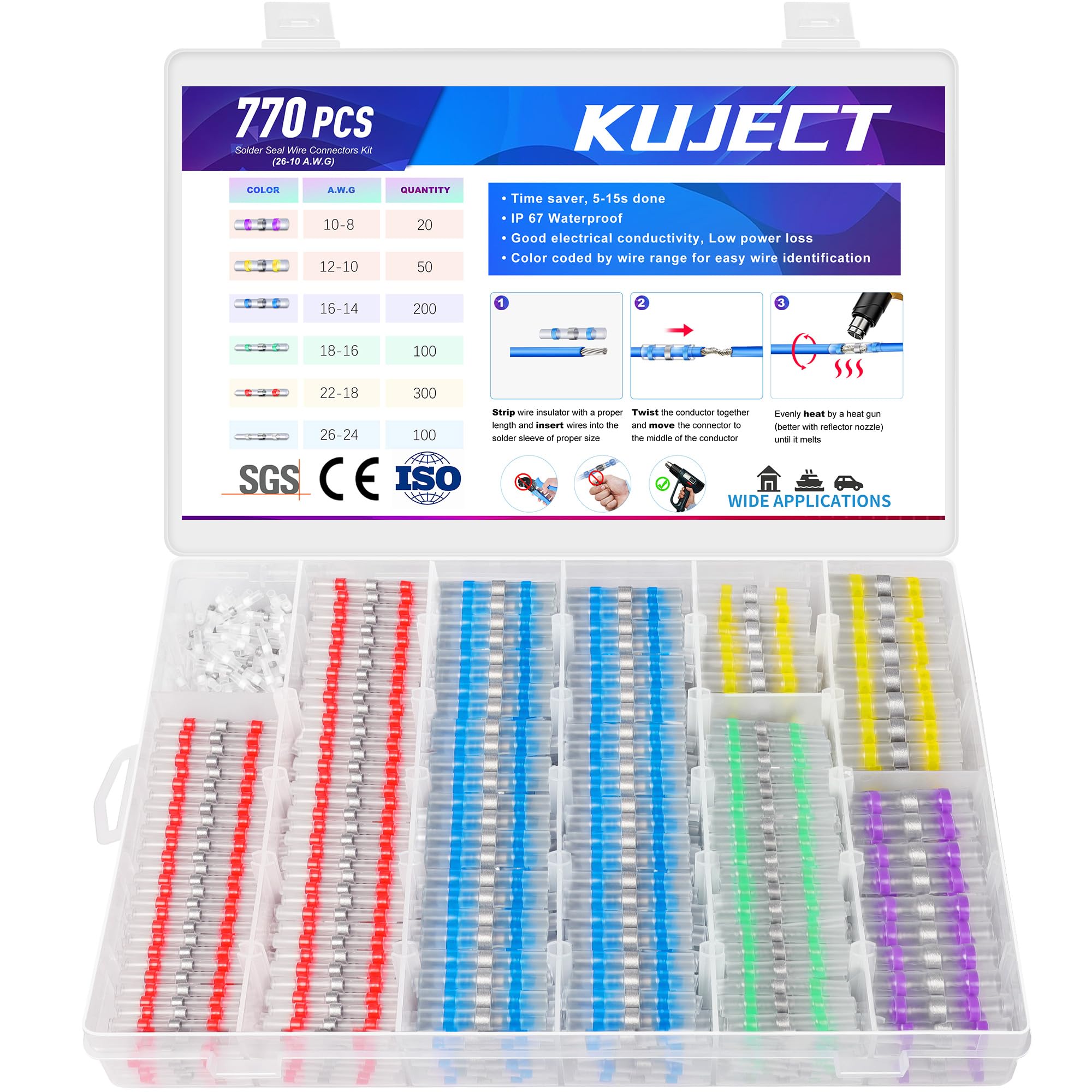 Kit De Conectores De Cables Kuject, Termorretráctiles, Autosoldaduras, 770 Unidades - Venta Internacional.