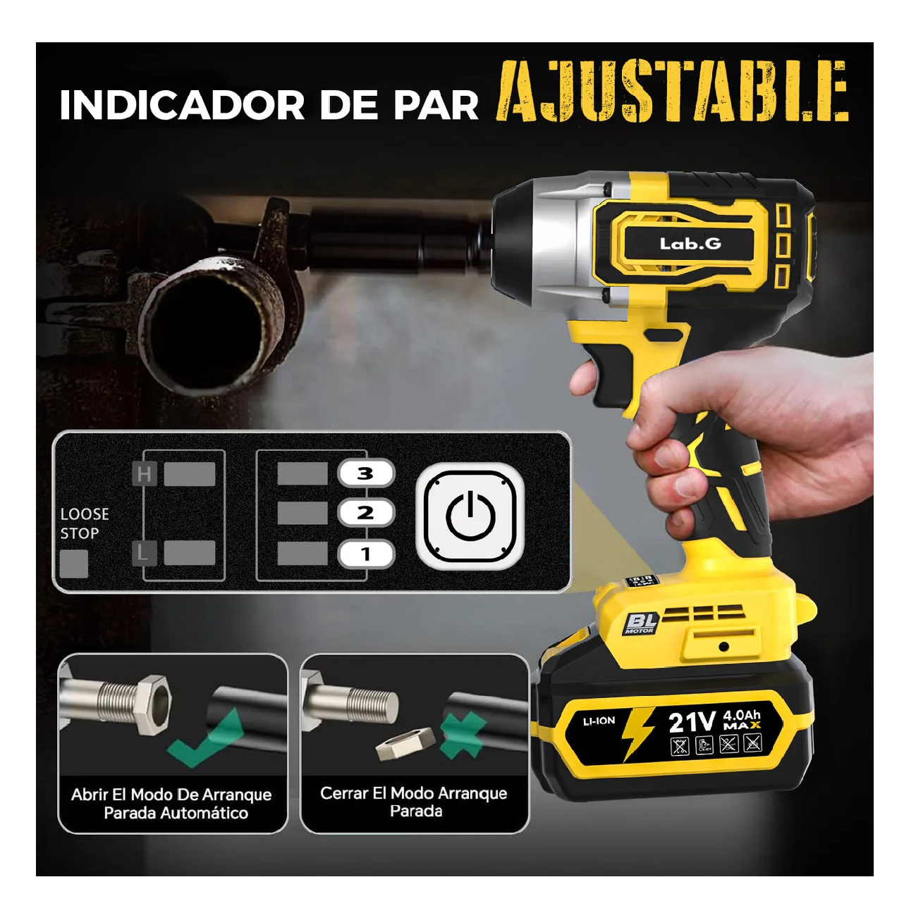 Foto 5 pulgar | Llave De Impacto Inalámbrico Pistola Electrica Amarillo Negro
