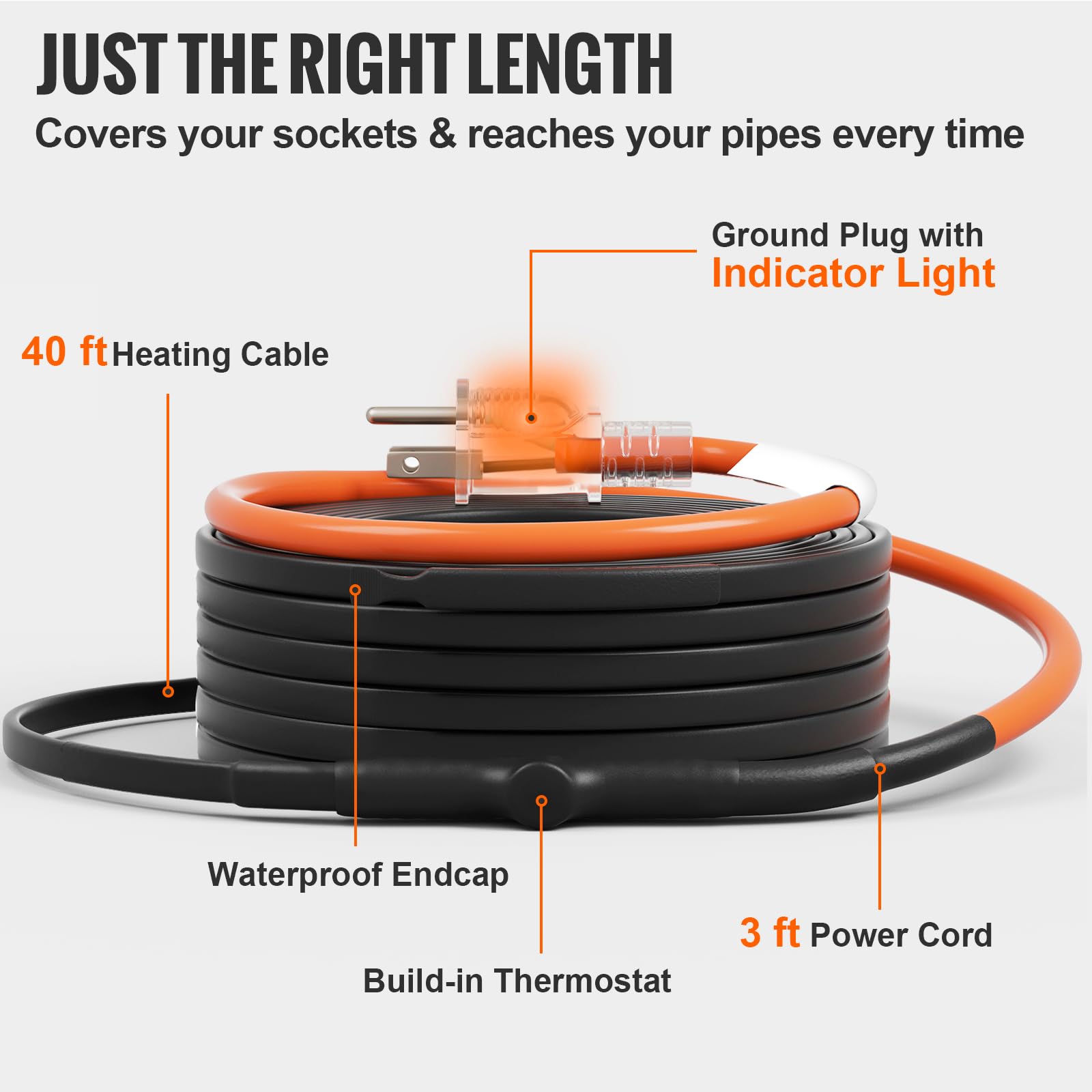 Foto 6 pulgar | Cable De Calefacción De Tubos Vevor Autorregulable De 12 M Y 5 W/m Con Termostato - Venta Internacional.