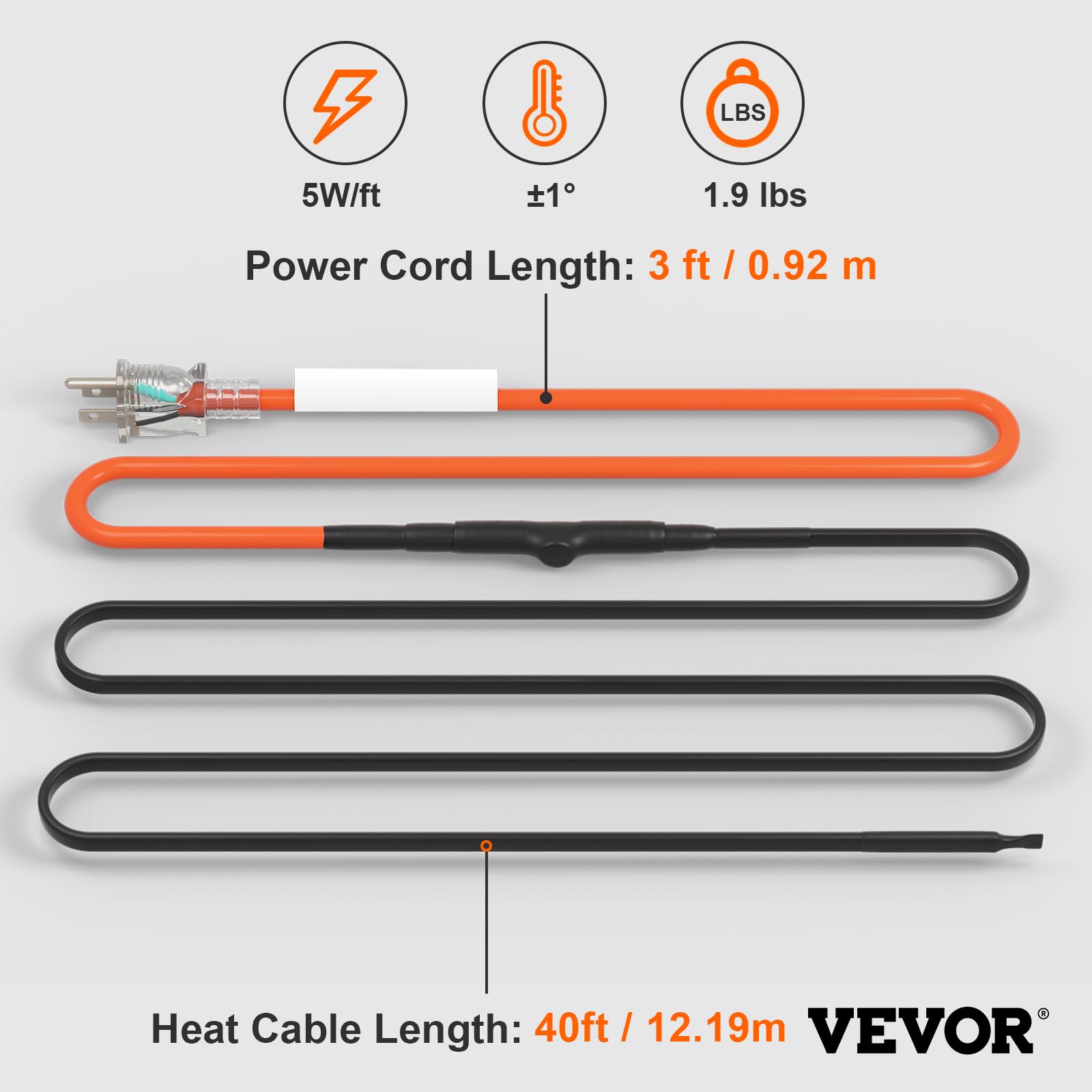 Foto 8 pulgar | Cable De Calefacción De Tubos Vevor Autorregulable De 12 M Y 5 W/m Con Termostato - Venta Internacional.