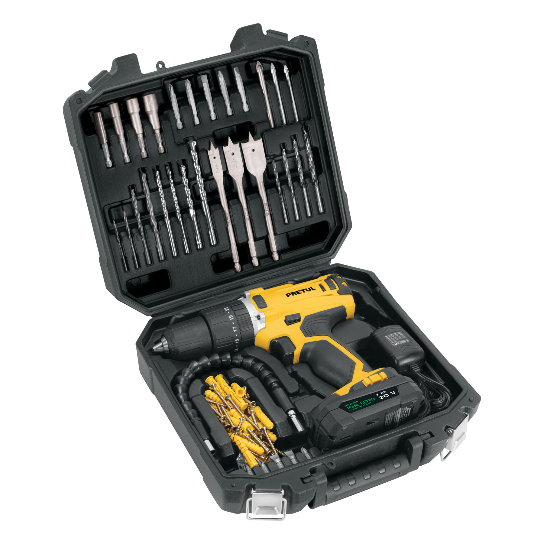 Kit Rotomartillo Inalámbrico 1/2' 20v Y 32 Accesorios Y Estuche Pretul color Amarillo  Cod 29000