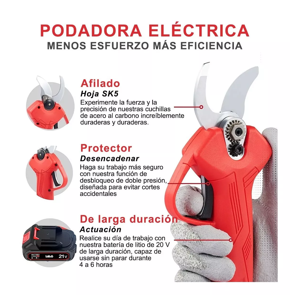 Foto 5 pulgar | Podadora Eléctrica Lab.g Tijeras Inalámbrica Con 2 Baterías 25mm, Color Rojo