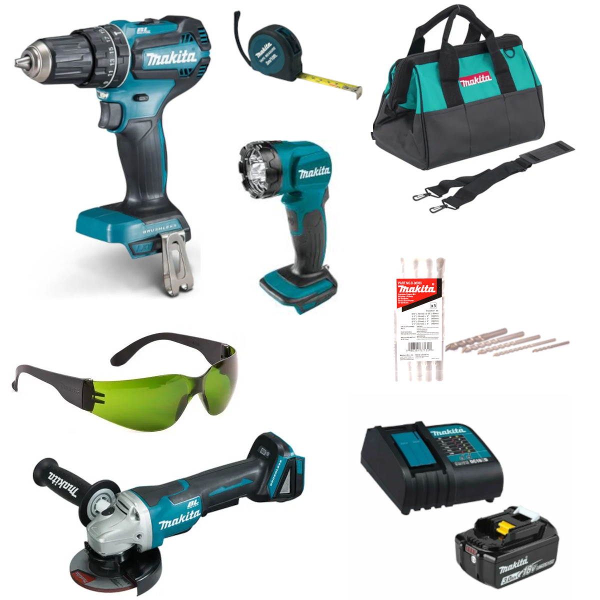 Foto 5 pulgar | Kit Makita -rotomartillo+esmeriladora+ Carg-bat +maletin+lampara+flexometro+brocas+lentes-