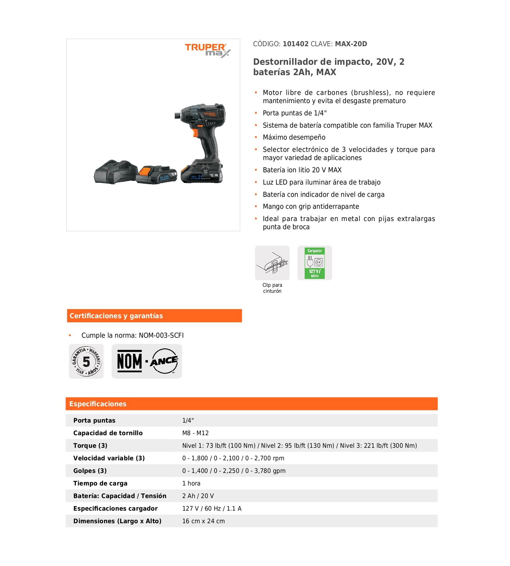 Foto 7 pulgar | Destornillador De Impacto  20v  2 Baterías 2ah  Max