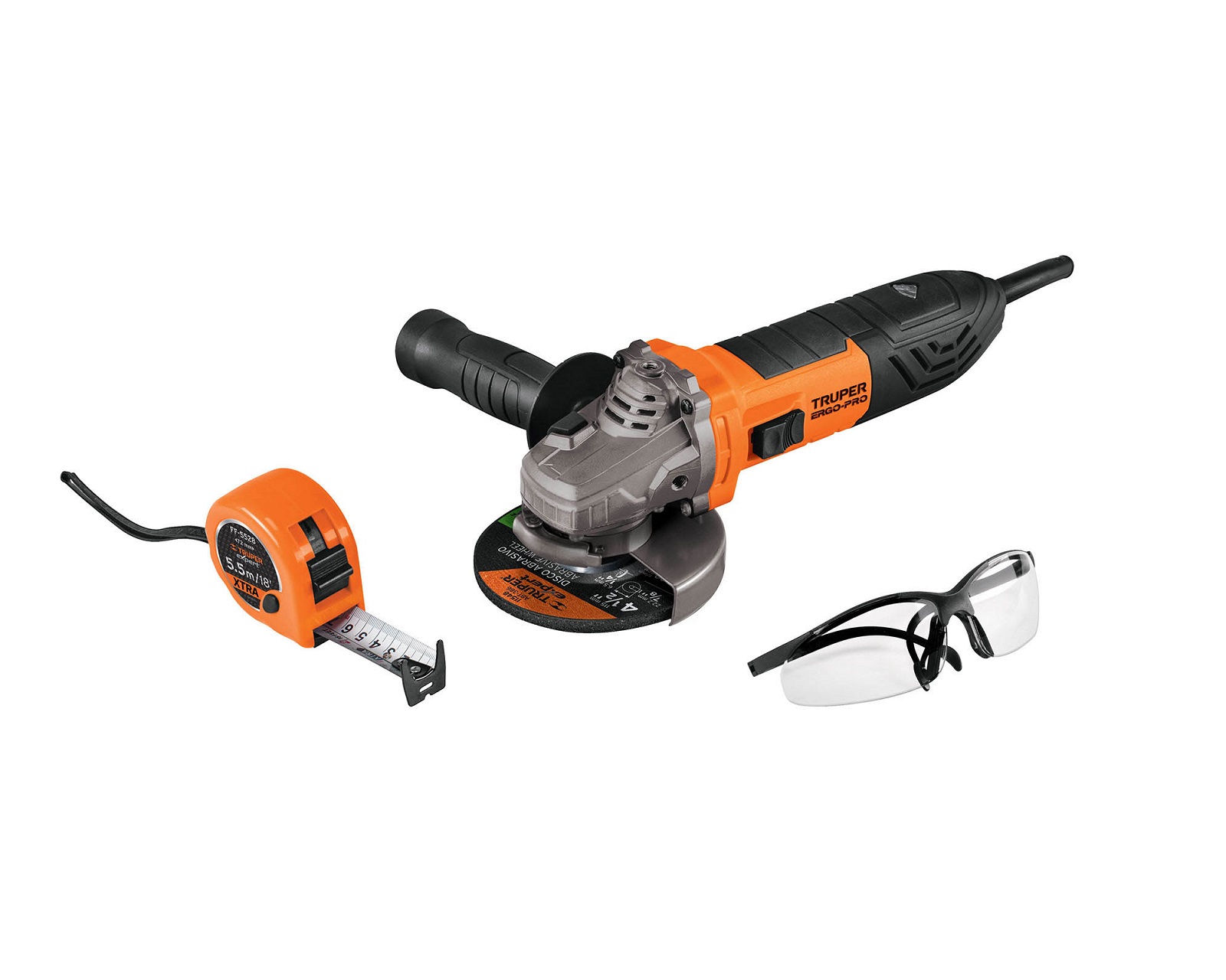 Esmeriladora 4-1/2'' 800 W Combo Lentes De Seguridad y Flexómetro Truper color Anaranjado