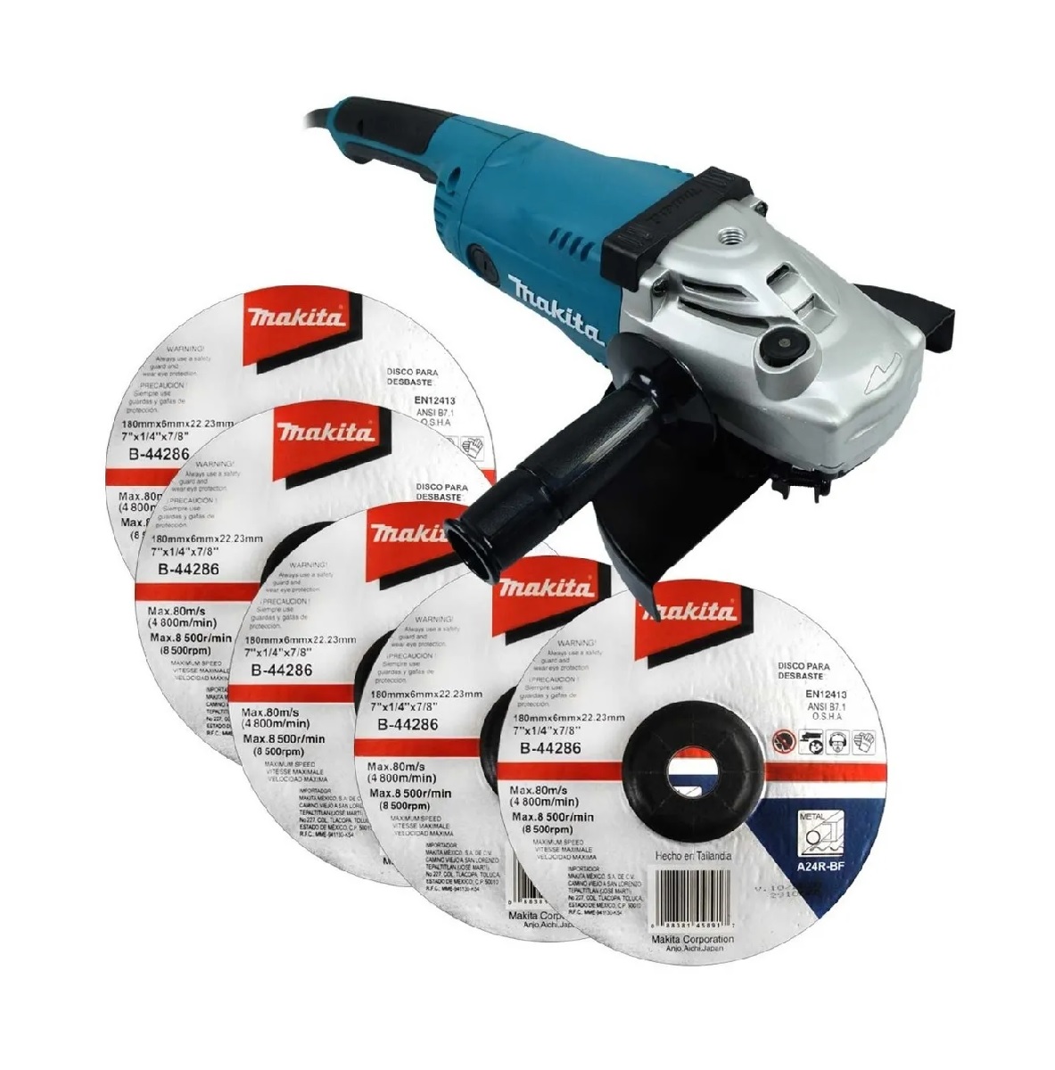 Esmeriladora Angular Makita color Azul de 9 Pulg + 5 Discos de Desbaste