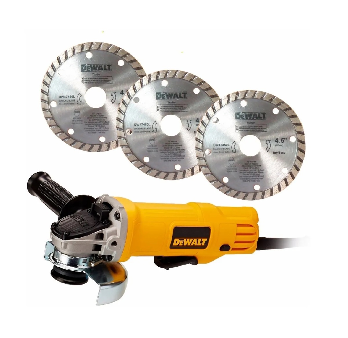 Miniesmeriladora Angular DeWalt DWE4120-B3 4-1/2" + 3 Discos Diamantados