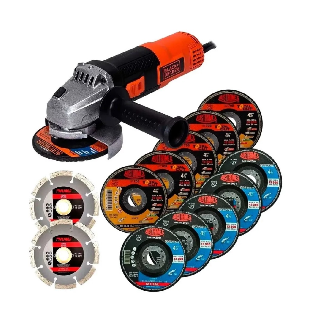 Miniesmeriladora Black+Decker 4 1/2 Pulgadas G720 y 12 Discos