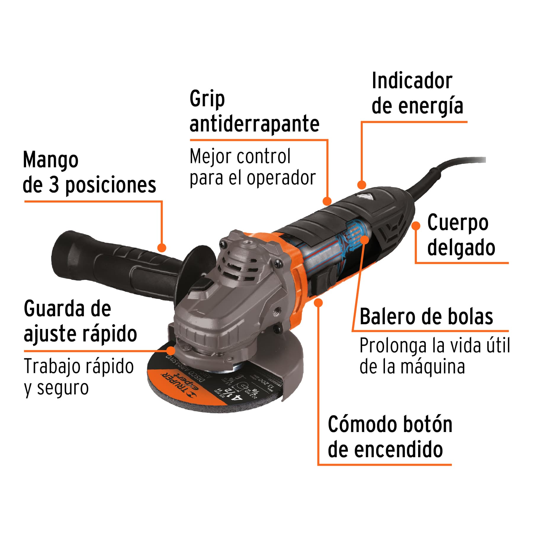Foto 4 pulgar | Esmeriladora Angular Truper ERGO-45110 color Naranja 4 1/2' 1100 W Ergo Pro