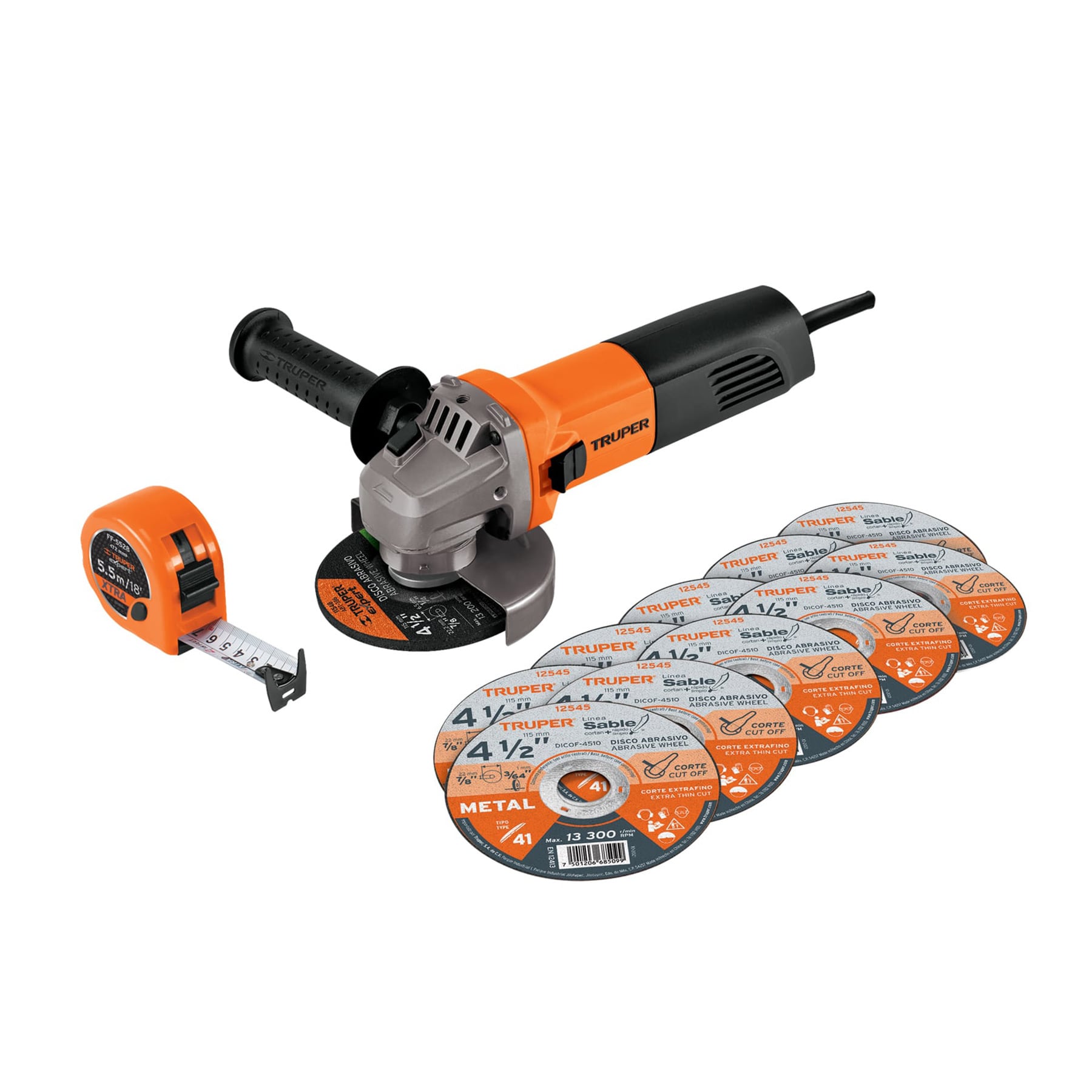 Esmeriladora Truper color Naranja 4-1/2 Pulgadas 750 W + 10 Discos y Flexómetro