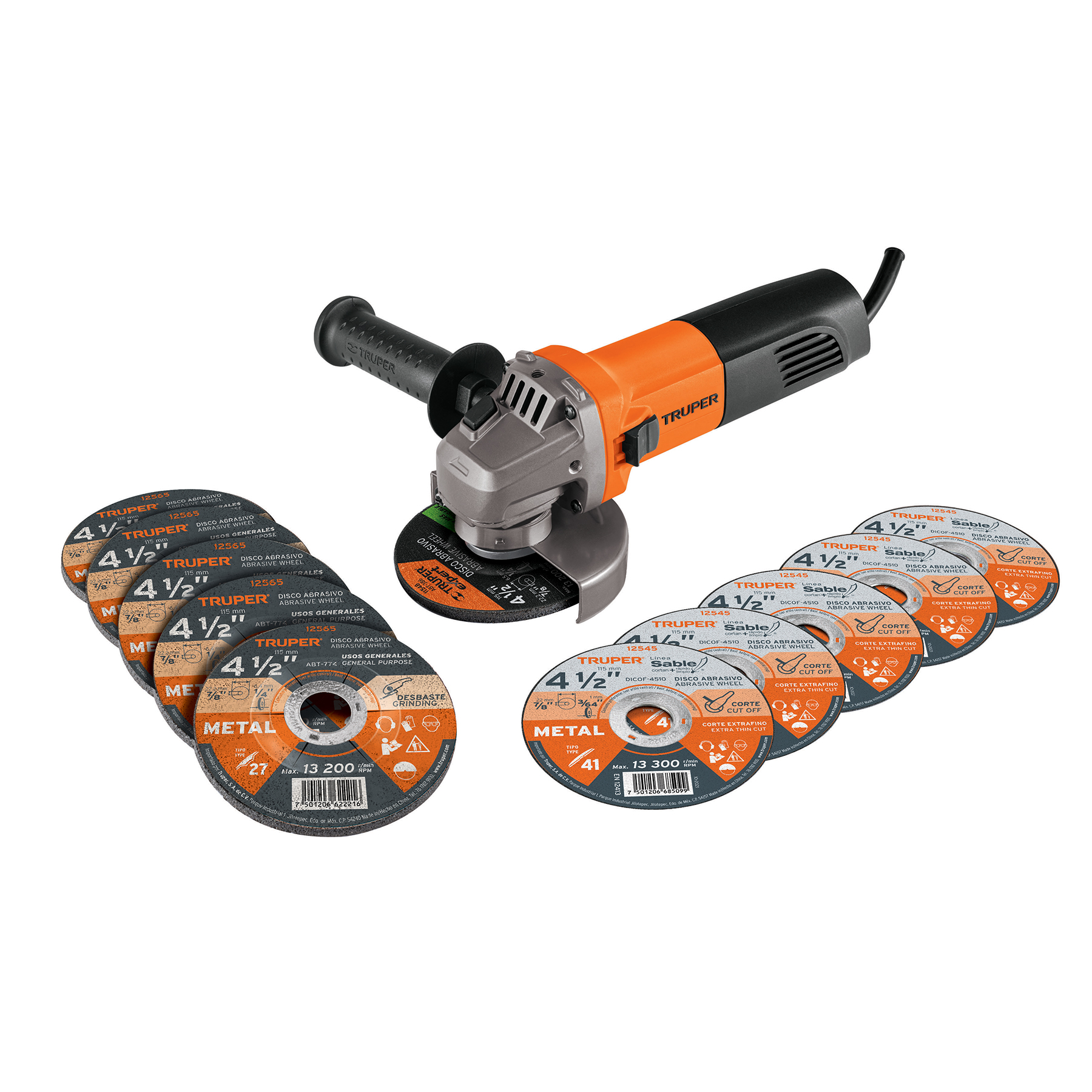 Esmeriladora Truper ESMA-4-1/2A9D color Naranja 4-1/2" 800 W + 5 Discos de Corte y 5 de Desbaste