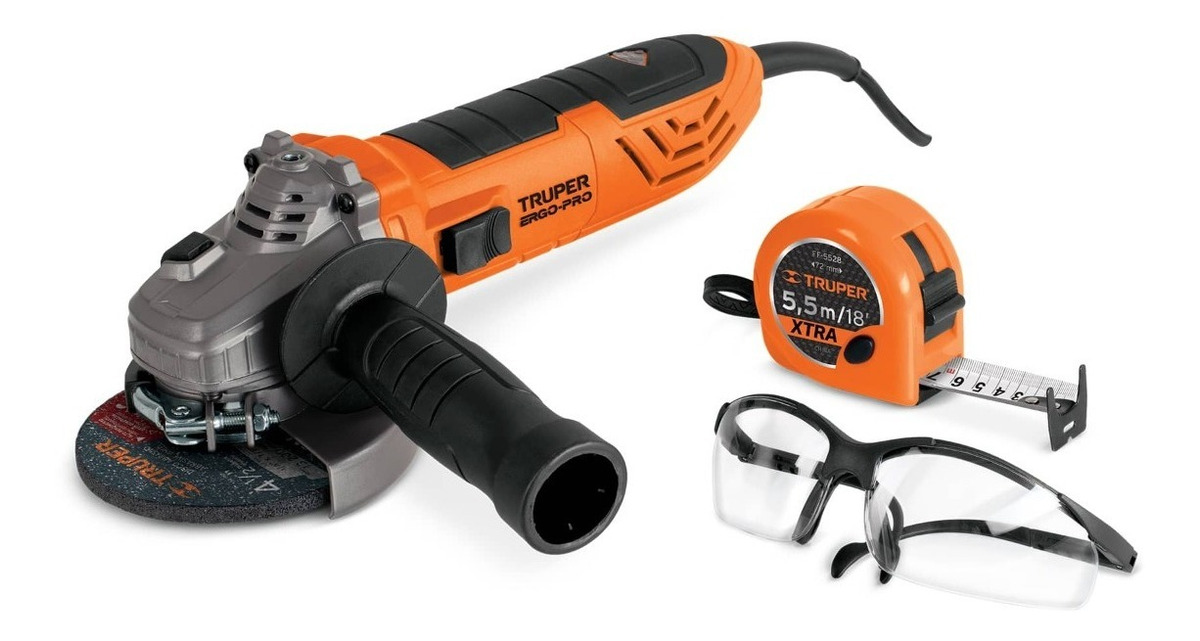 Combo de Esmeriladora Truper TRU100250 color Naranja 4 1 /2 Ergo Pro 800 W Lentes y Cinta