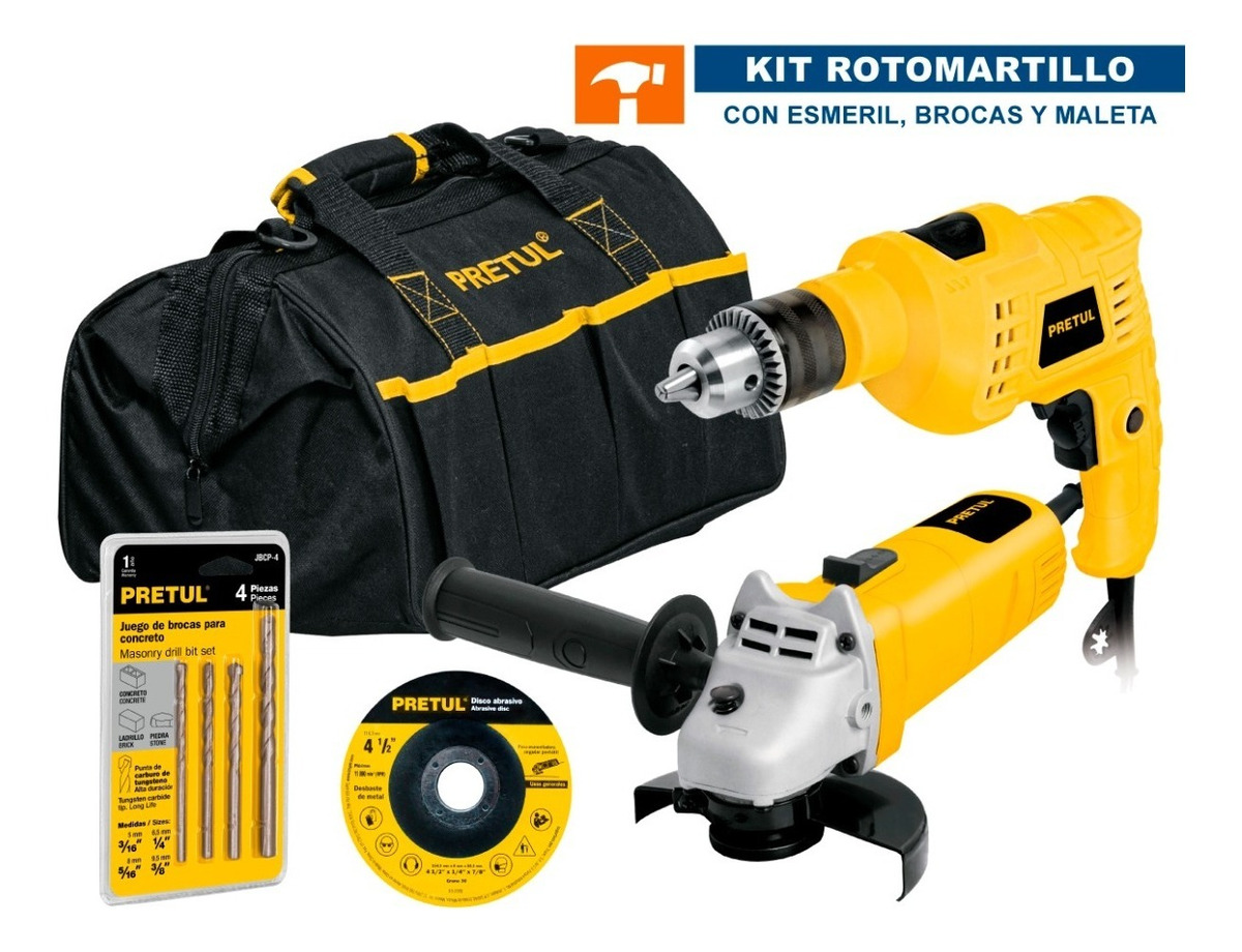 Kit Rotomartillo Con Brocas + Esmeril Y Maletín Pretul